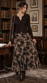 VTG Drama Floral Bias Cut Maxi Skirt 8 Taupe Black Made USA‎ Dark Academia Photo 0