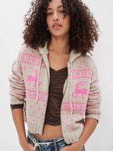 American Eagle Elk Zip Up Hooded Knit Sweater Pink & Cream Fair Isle Motif Sz S Photo 0