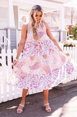 Entro Women Dress Medium Pink Paisley Floral Tiered Midi Flowy Boho Patchwork Photo 0