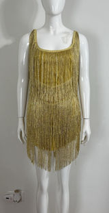 Women’s Yellow Gold Flapper Fringe Gypsy Mini Dress Low Back Party Dance Size S Photo 0