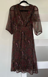 H&M Brown Paisley Floral Print Sheer‎ Flutter Sleeve Midi Dress Women US 6 Photo 0