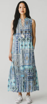 Chicos Blue Patchwork Tile Print Sleeveless Maxi Dress Tiered Boho Sz 1 US 8/10 Photo 0
