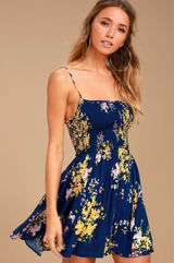 ✨Lulu’s Fairytale Bliss Navy Blue Floral Print Skater Sz Large Dress✨ Photo 0