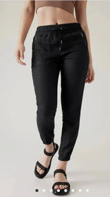 Athleta Cabo Linen Jogger Pants Womens 12 Tall Black Lightweight Pockets Taper Photo 0