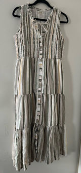Green White Striped Cotton Tiered Button Up Maxi Dress Small Coastal Resort Photo 0