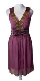 Star Model size small purple mini dress with gold accents and satin ribbon GUC Photo 0