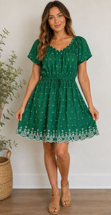 2097 | LOFT Boho Eyelet Embroidered Scallop Hem Cotton Dress Green Womens L Photo 0