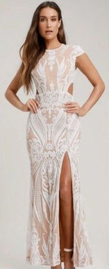 Ryse Emily Cutout Sequin Maxi Gown M White Nude Illusion Formal Slit NWOT Photo 0