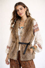 Dolan Faux Fur Vest Women Small Brown Tan Belted Sleeveless Mob wife Boho‎ Photo 0