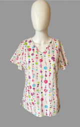 SB Scrubs White V-Neck Short Sleeve Top with Pink, Blue & Green Dot Print Photo 0