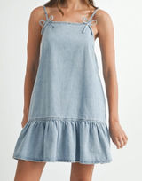 LE‎ LIS Chambray Mini Dress M Blue Cotton Tie Strap Ruffle Hem Sundress Photo 0