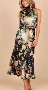 Petal & Pup Black Floral Halter Midi Dress with Pink and Yellow Blooms Photo 0