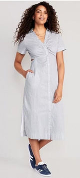 Old Navy Blue White Striped Cut Out Midi Shirt Dress Preppy 100% Cotton S Photo 0