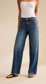 American Eagle Super High-Rise Baggy Wide Leg Jeans 14 Short Blue Raw Hem Photo 0