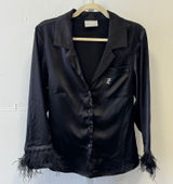 Juicy Couture Black Satin Feather Trim Pajama Top Rhinestone JC‎ Logo Mens Small Photo 0