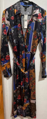 #60 NWT Long Tall Sally Satin Tie Waist Shirt Multicolor Dress Size 6 Photo 0