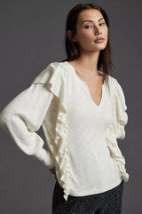 Pilcro Cozy Popover‎ top Anthropologie ivory ruffle v neck blouse Photo 0
