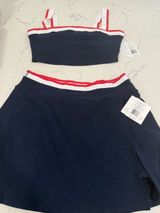 Beyond Yoga Navy Skater Skirt with Red and White Stripe Waistband Photo 0
