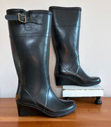 KORS Michael Kors Black Rubber Wedge Rain Boots Womens Size 8 Buckle Detail Photo 0