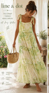 Line & Dot Green Tie Dye Tiered Maxi Dress Tie Strap Large Cottagecore Summer Photo 0