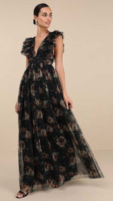Lulus Simply Delighted Black Floral Mesh Ruffled Backless Maxi Dress Size XXL Photo 0