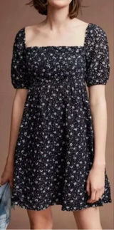 Anthropologie Maeve Navy Lillianne Floral Puff Sleeve‎ Eyelet Mini Dress Size 4 Photo 0