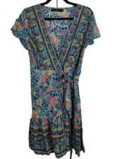 ZESICA Womens Teal Floral Wrap Dress Short Sleeve Boho‎ V-Neck Mini Dress S Photo 0