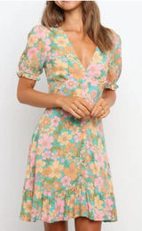 Petal + Pup Dress Womens 10 Multicolor Floral Puff Sleeve Ruffle Mini V Neck Photo 0
