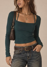 Abercrombie Long Sleeve Strappy Square Neck Top Size M Green Y2K Indie Sleaze Photo 0