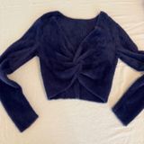 Aerie Navy Blue Fuzzy Twist Front V-Neck Cropped Sweater Large Photo 0