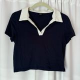 SheIn Navy Blue & White Cropped Cotton Polo T-Shirt Photo 0