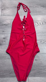 Aerie Womens Red Lace Up Plunging Halter One Piece Swimsuit Size Medium M Photo 0