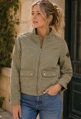 Hollister Quilted Bomber Jacket Khaki Utility Pockets Zip Front Women's Small Photo 0