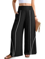 TARSE Medium Wide Leg Palazzo Pants Black Linen Blend Contrast Stitch Boho Viral Photo 0