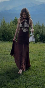 SAEMDI Mesh Embroidered Brown Floral Maxi Dress Photo 0