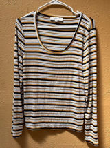 Loft Striped Long Sleeve Scoop Neck Top Mustard Black Grey White Ribbed Large Photo 0