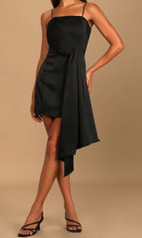 Lulus Romantic Allure Black Satin Asymmetrical Mini Dress Photo 0