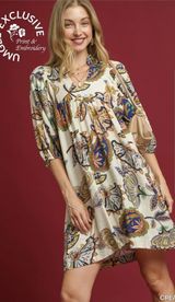 Umgee Abstract Paisley Puff Sleeve Boho Babydoll Mini Dress Size Small Photo 0