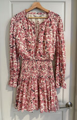 Tie-Neck Smocked Waist Mini Dress Pink Floral Size Medium‎ Photo 0