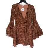 ACOA‎ Hilda Leopard Print Bell Sleeve Tie Front Mini Dress Brown Medium NEW Photo 0