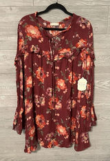 Altard State Burgundy Floral Ruffle Lace Sleeve Tunic‎ Dress Size L Photo 0