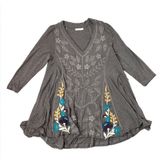 Caite Embroidered Tunic Top Size XL Gray 3/4 Sleeves Stretchy Soft Relaxed Boho Photo 0