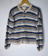 Vintage Christopher & Banks Blue Tan Brown Stripe Crew Neck Cardigan‎ Large Photo 0