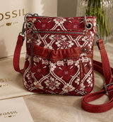 Fossil Red Floral Canvas Leather Trim Crossbody Bag Small Messenger Purse Photo 0