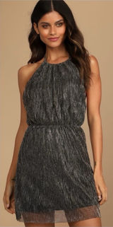 NWT Lulus Turn Up The Shine Black and Gold Metallic Halter Mini Dress - Size M Photo 0