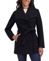 Tahari Womens‎ Black Belted Wrap Coat Shawl Cape Collar Faux Wool Blend Jacket Photo 0