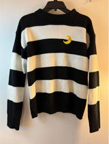 Black and White Striped Crewneck Sweater with Yellow Crescent Moon Embroidery Photo 0