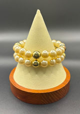 Cream Faux Pearl Double‎ Strand Stretch Bracelet Gold Tone Accent Beads Classic Photo 0