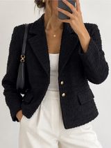 ZARA Tweed Black Blazer Size Medium Blogger Fav Minimalist Luxury Gold Buttons Photo 0