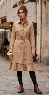 Genuine People Beige Khaki Cotton Ruffle Hem Belted Trench Coat Medium M Photo 0